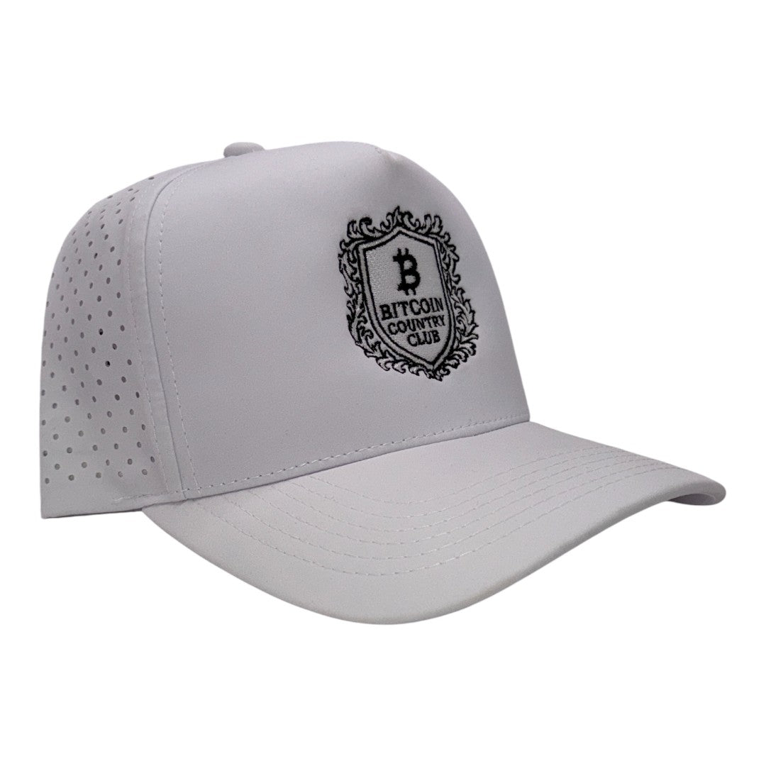 The Bitcoin Country Club all-white trucker hat side view