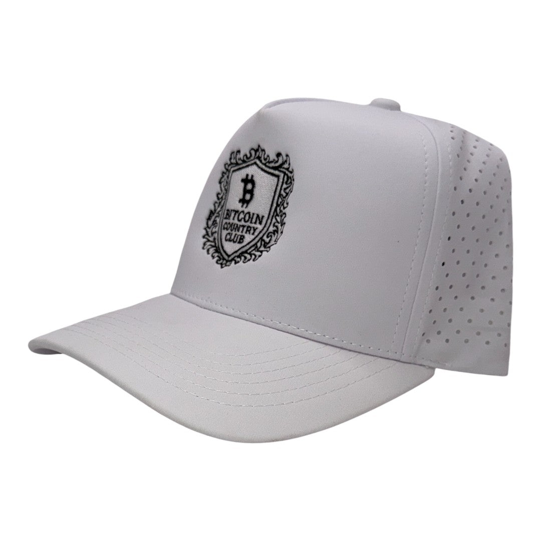 The Bitcoin Country Club all-white trucker hat side profile