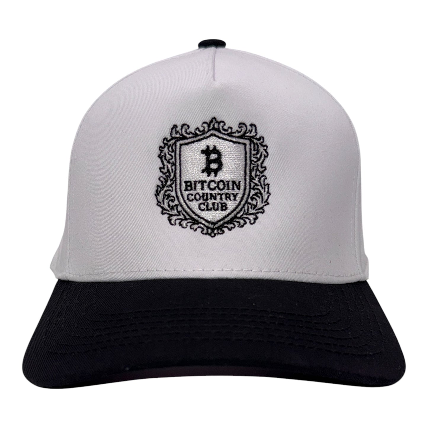 Bitcoin Country Club black and white snapback front view