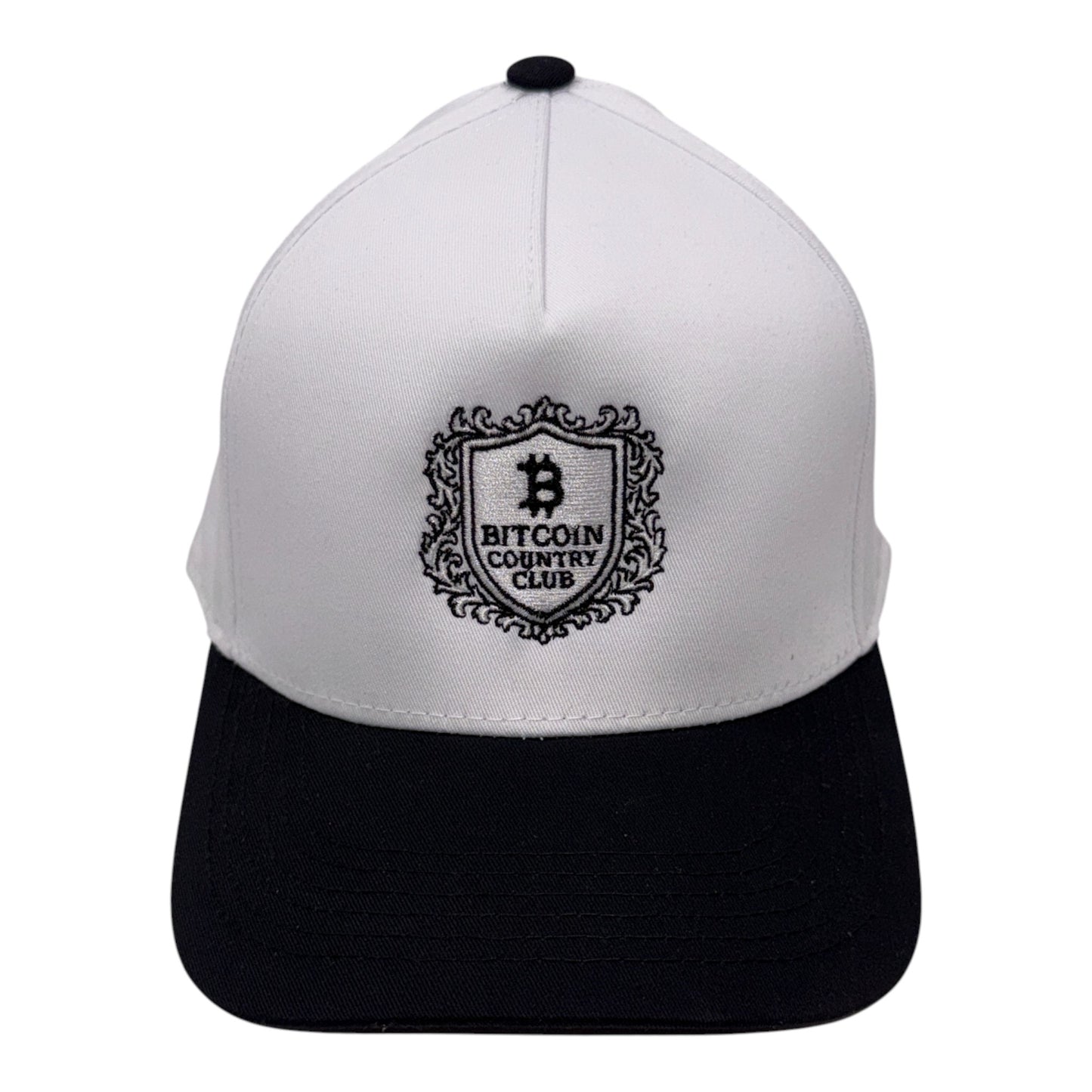 Bitcoin country club white and black baseball cap snapback front view