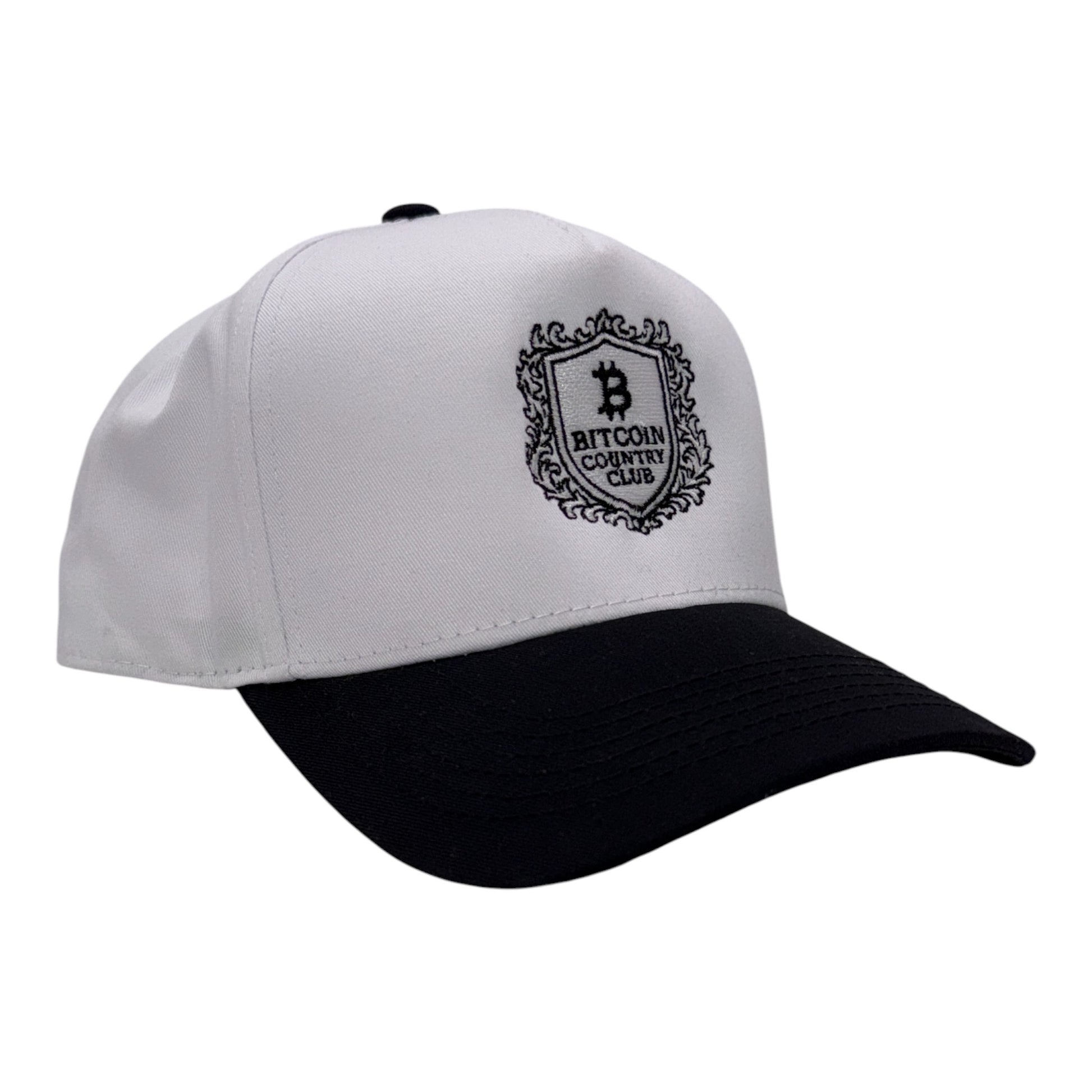 Bitcoin country club white and black baseball cap snapback side profile