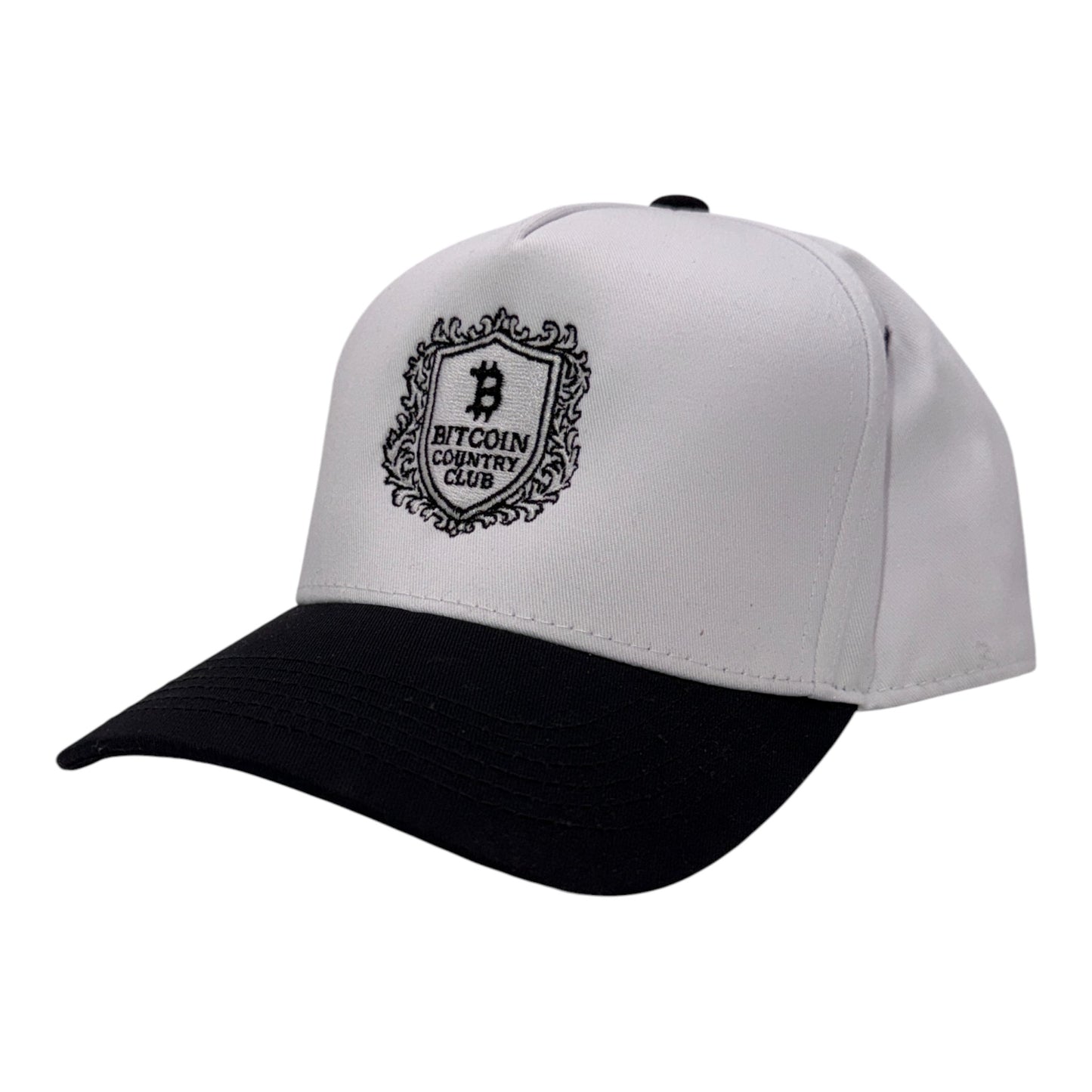 Bitcoin country club white and black baseball cap snapback side profile