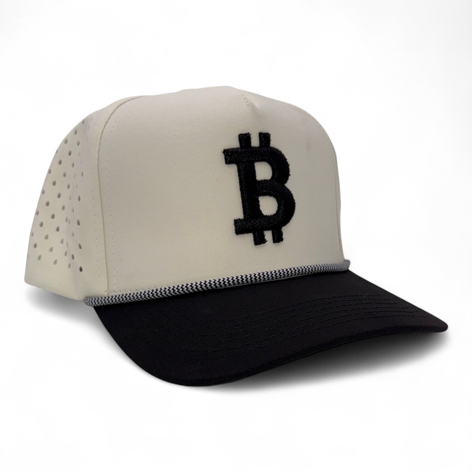Beige and black cap with Bitcoin symbol on a white background