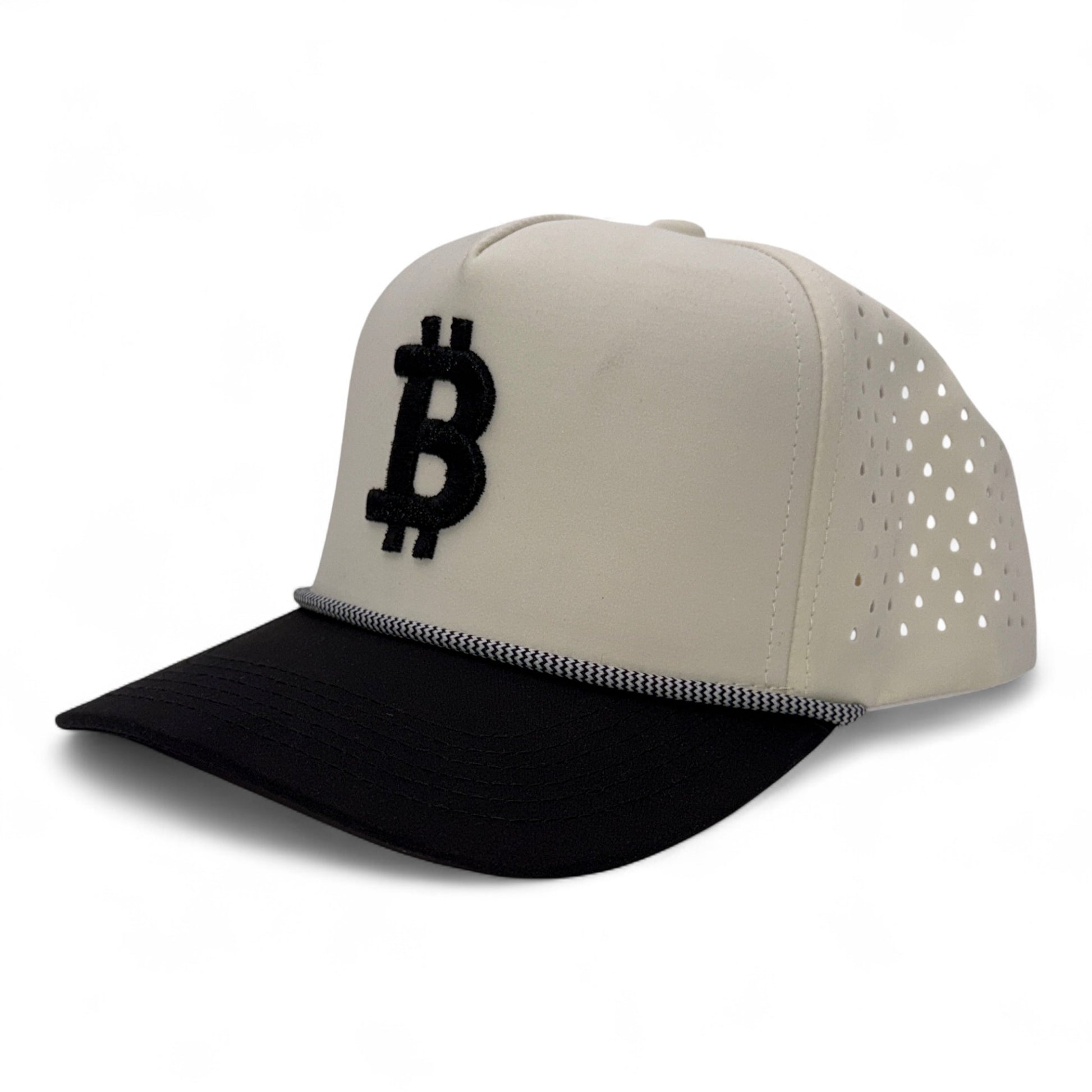 Beige and black cap with Bitcoin symbol on a white background