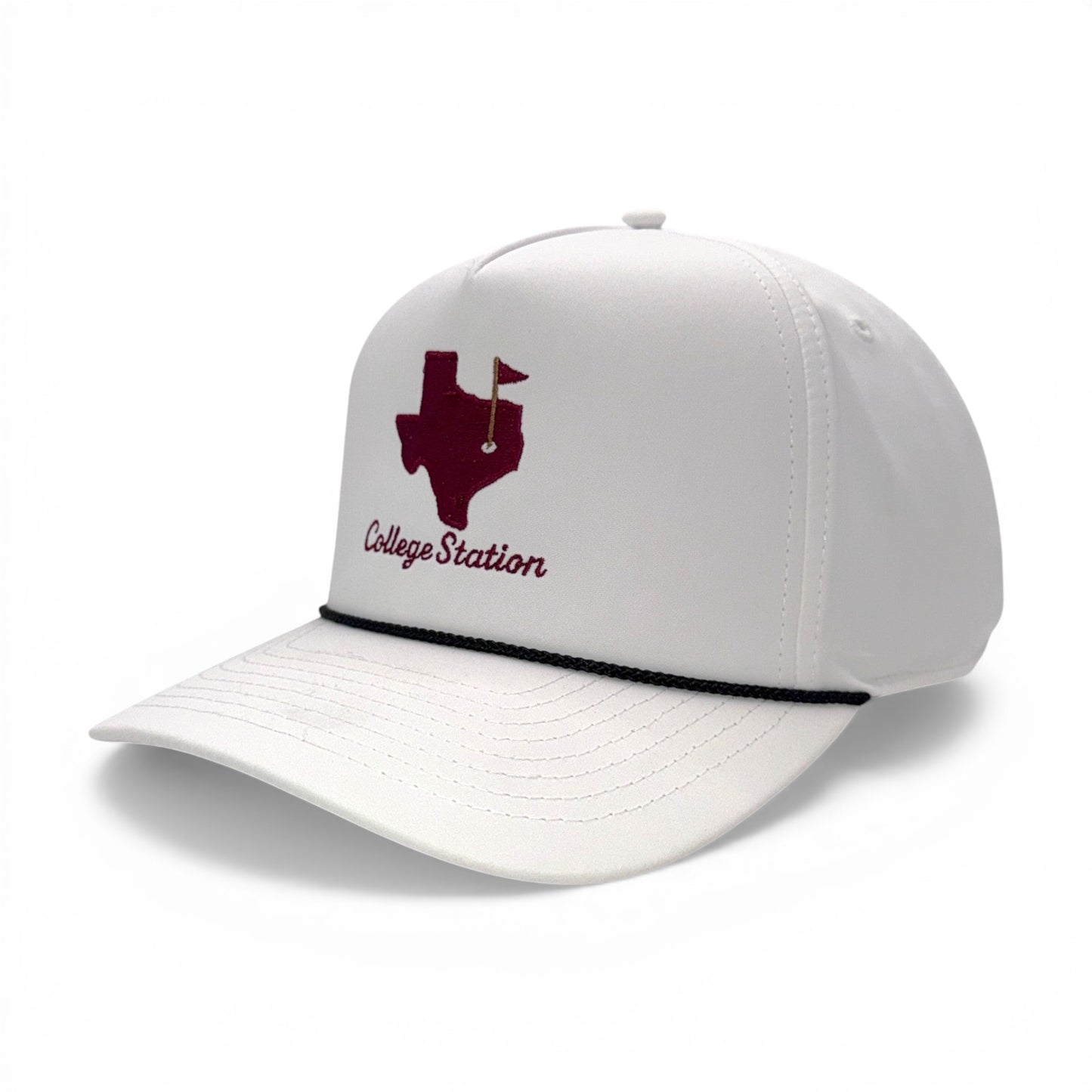The College Station Gameday Hat – Embroidered Rope Cap – angled left view – Mad Capper embroidered hat