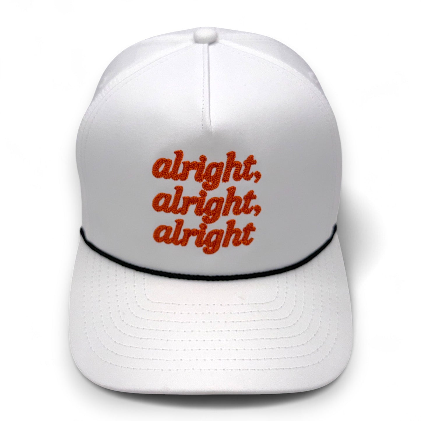 Centered front view of white hat with orange embroidered text and black rope