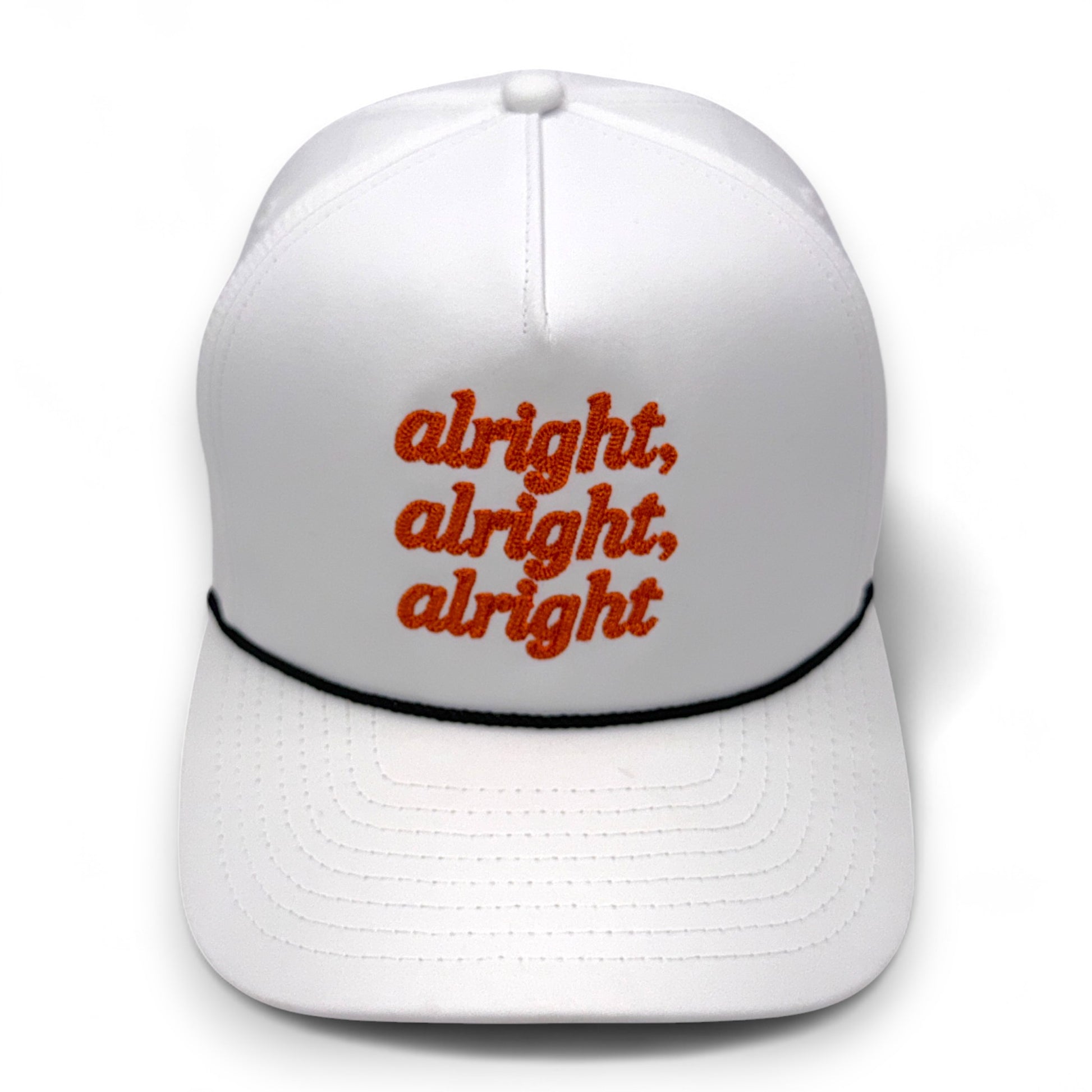 Centered front view of white hat with orange embroidered text and black rope