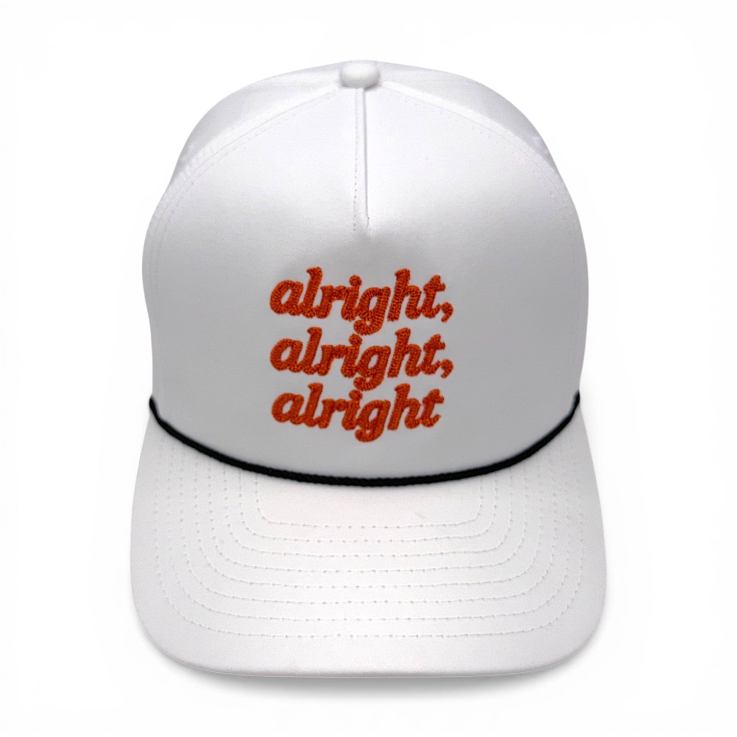 Centered front view of white hat with orange embroidered text and black rope