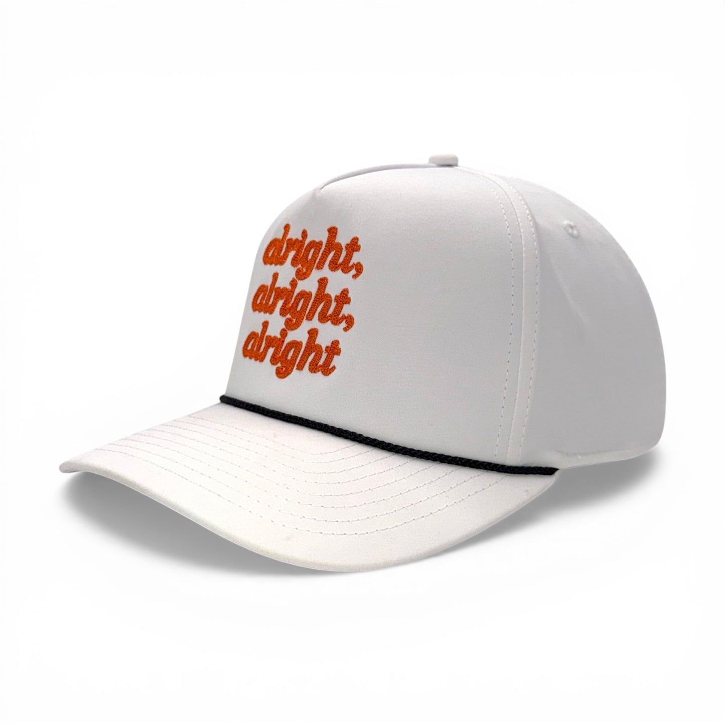 Three-quarter angled view of white rope hat showing orange embroidered lettering