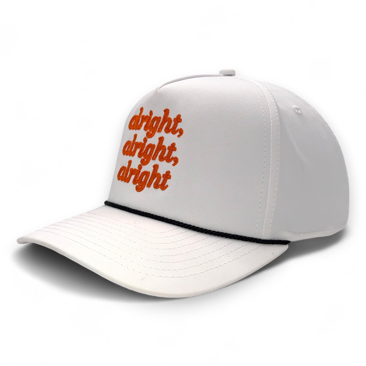 Three-quarter angled view of white rope hat showing orange embroidered lettering