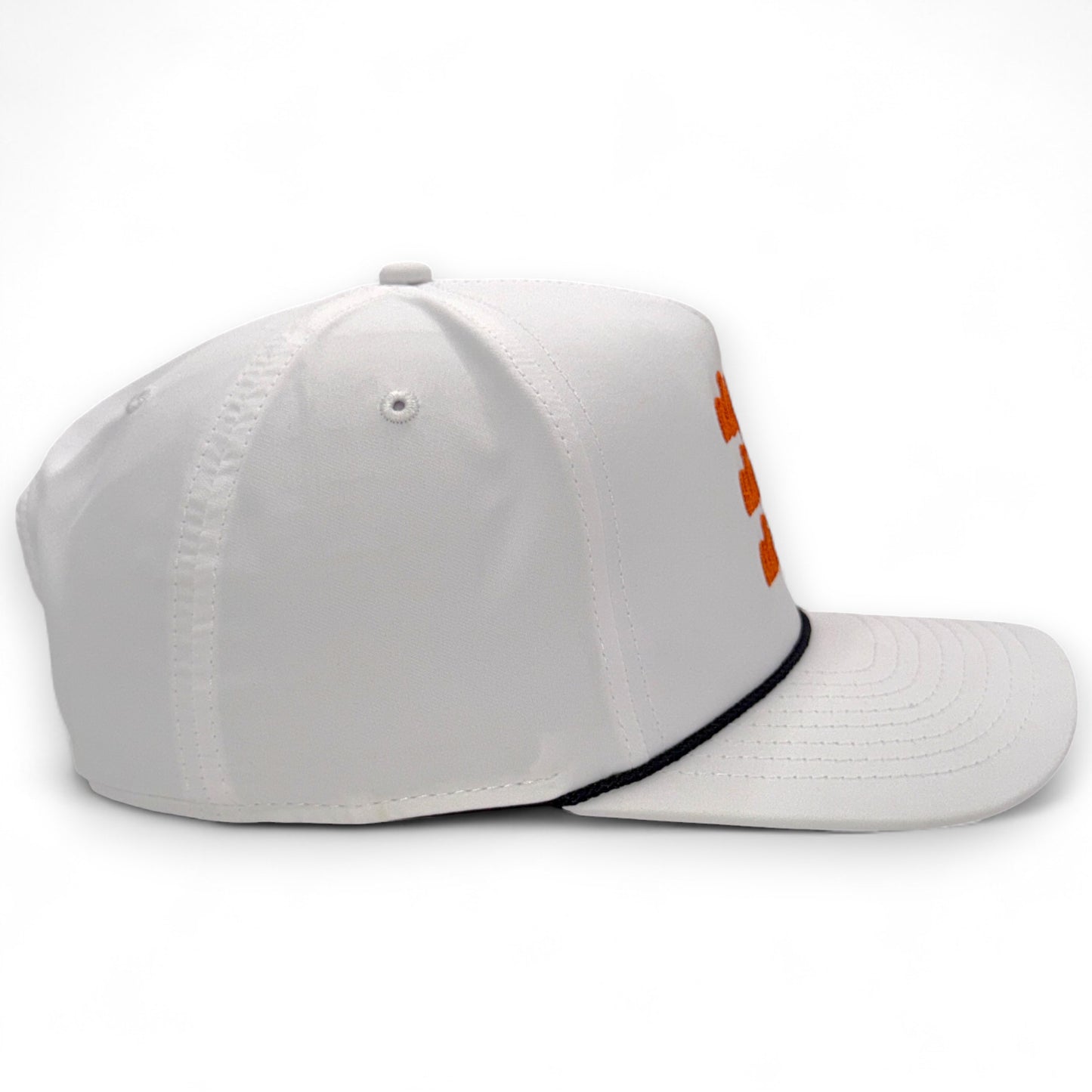 Side profile of white rope-trucker hat with orange embroidered text