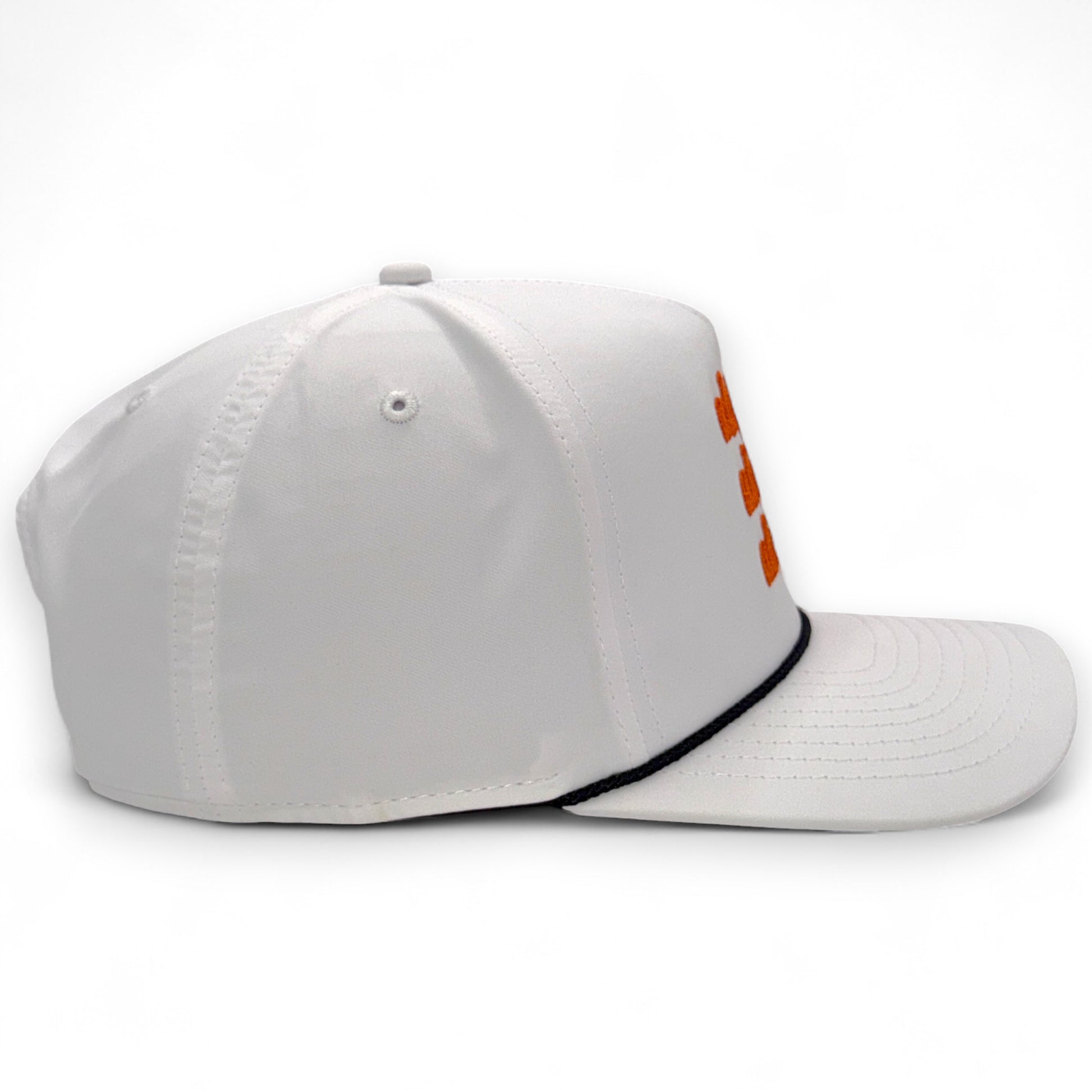 Side profile of white rope-trucker hat with orange embroidered text