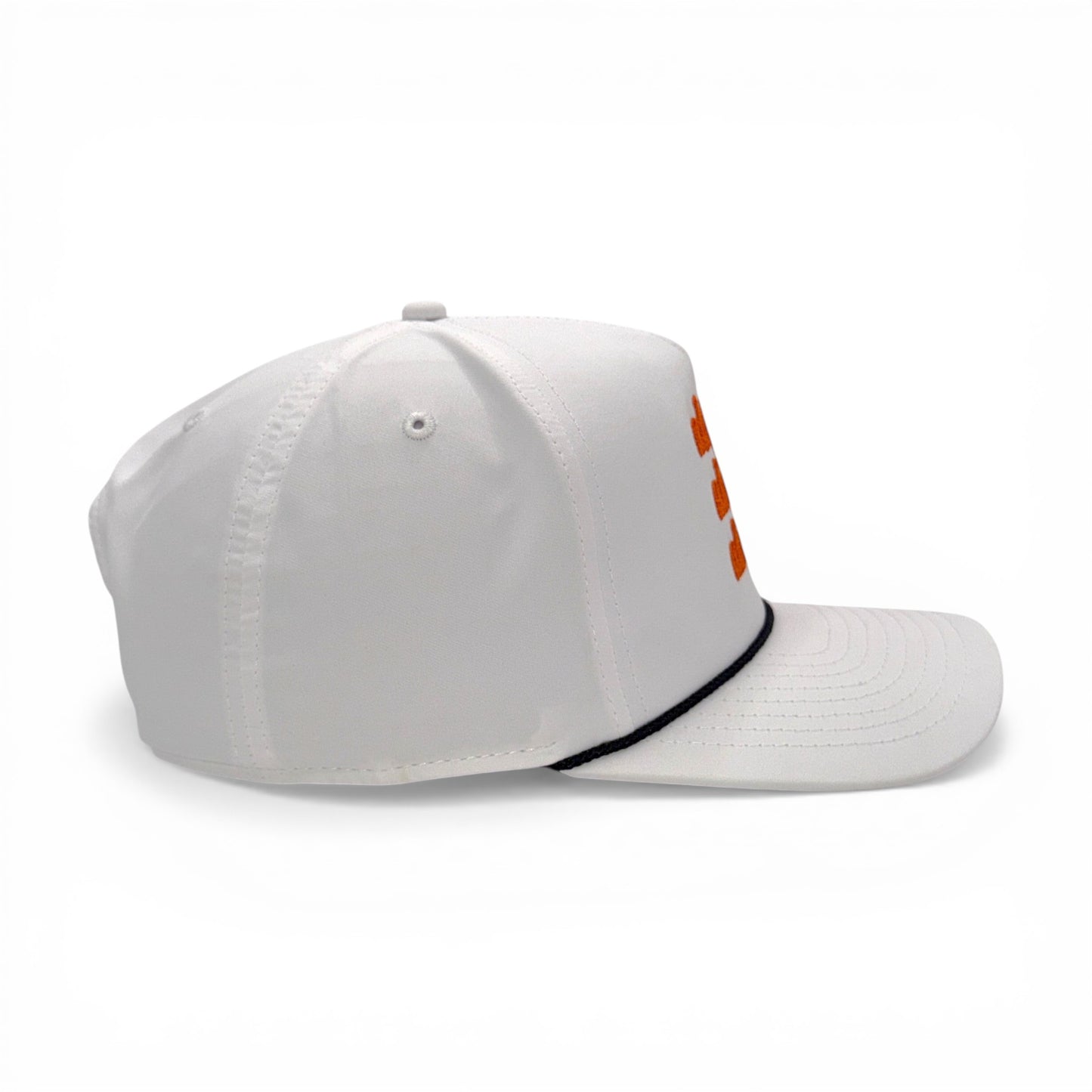 Side profile of white rope-trucker hat with orange embroidered text