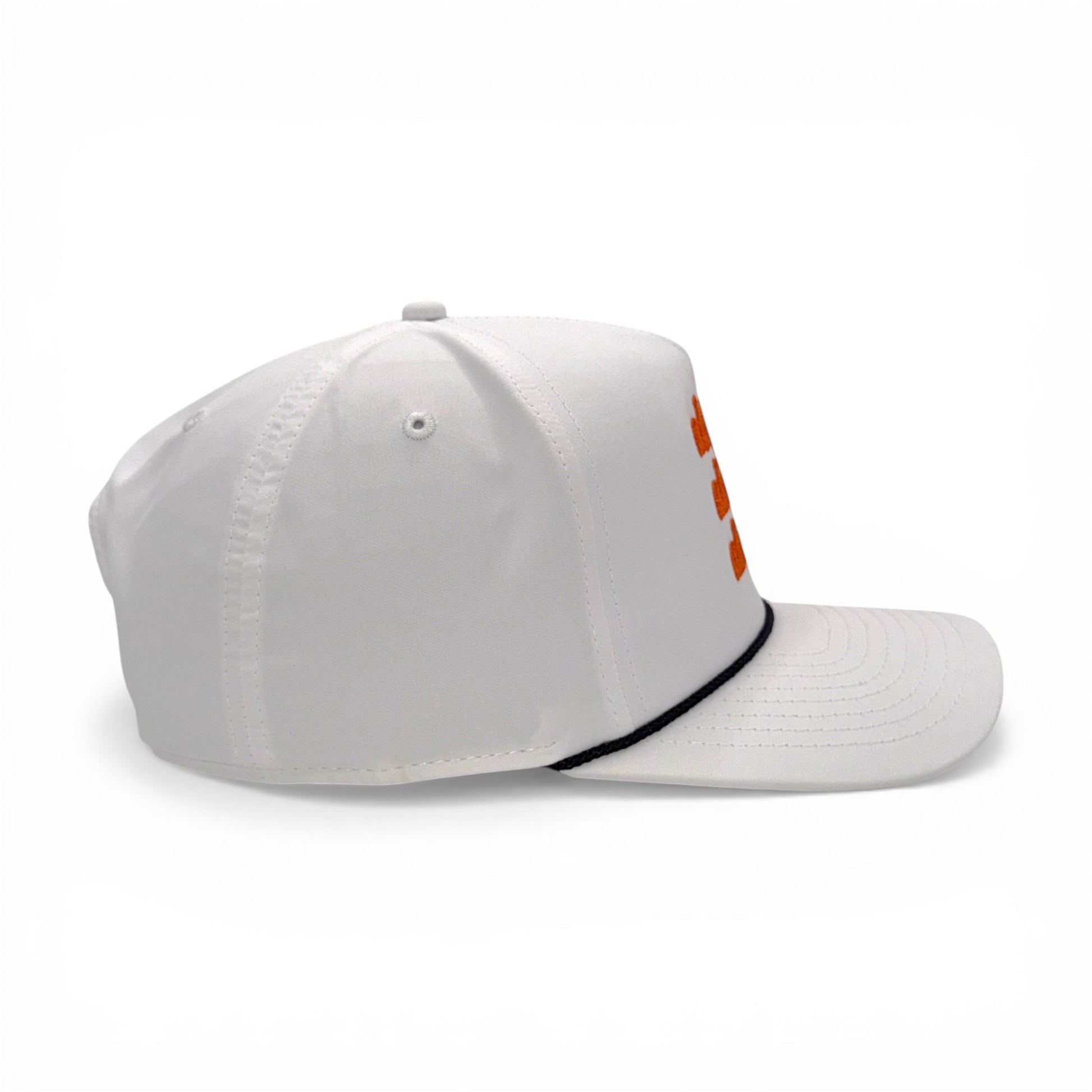 Side profile of white rope-trucker hat with orange embroidered text