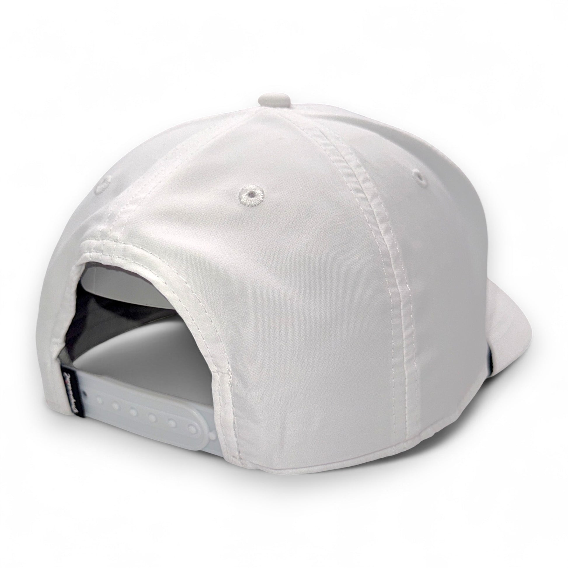 Rear view of white snapback hat showing adjustable closure