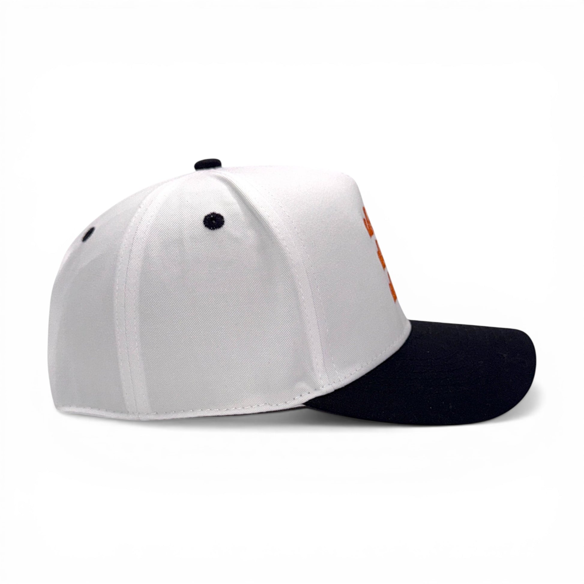Side profile of white and black rope-trucker hat