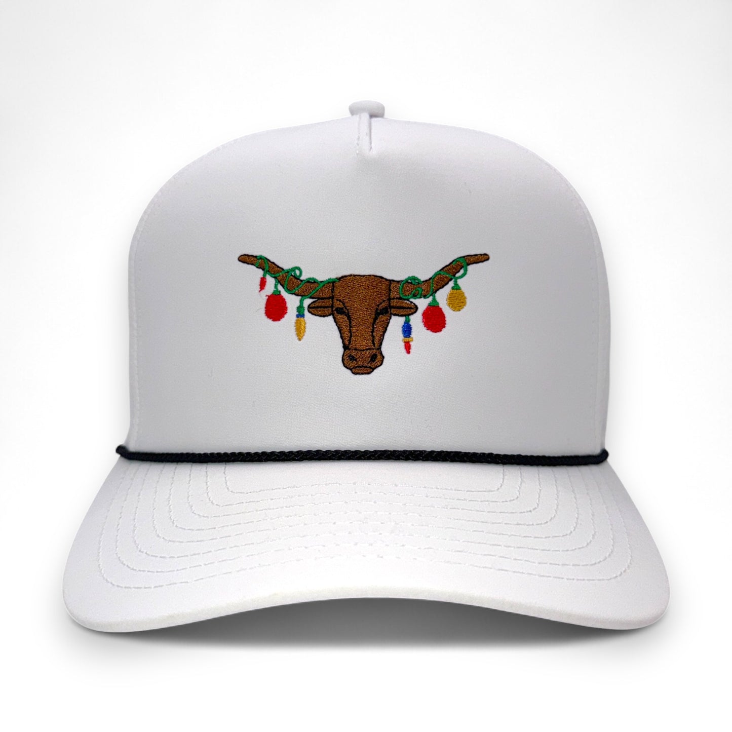 The Texas Mantel - White trucker hat with embroidered Texas Longhorn wearing colorful Christmas lights - front view