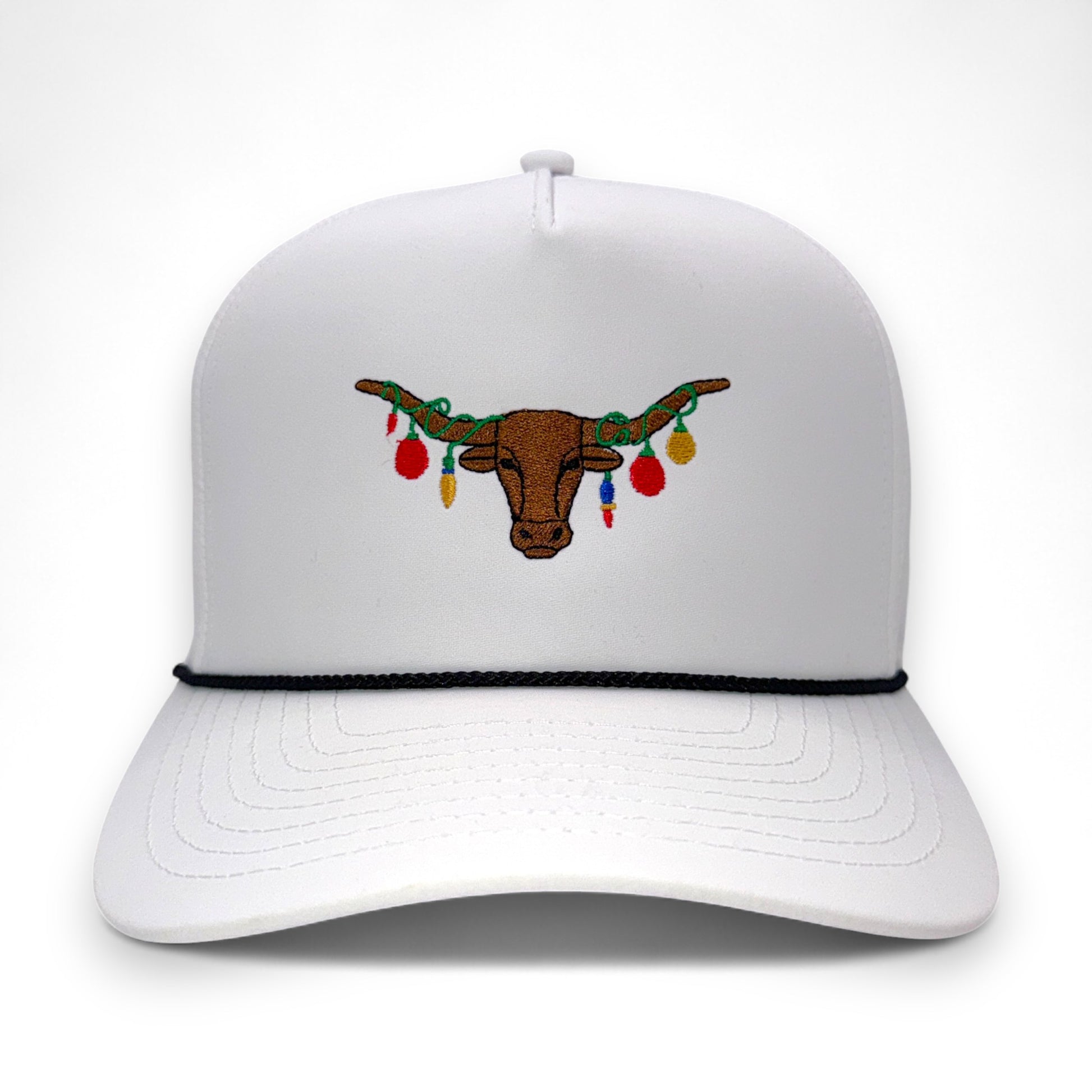 The Texas Mantel - White trucker hat with embroidered Texas Longhorn wearing colorful Christmas lights - front view