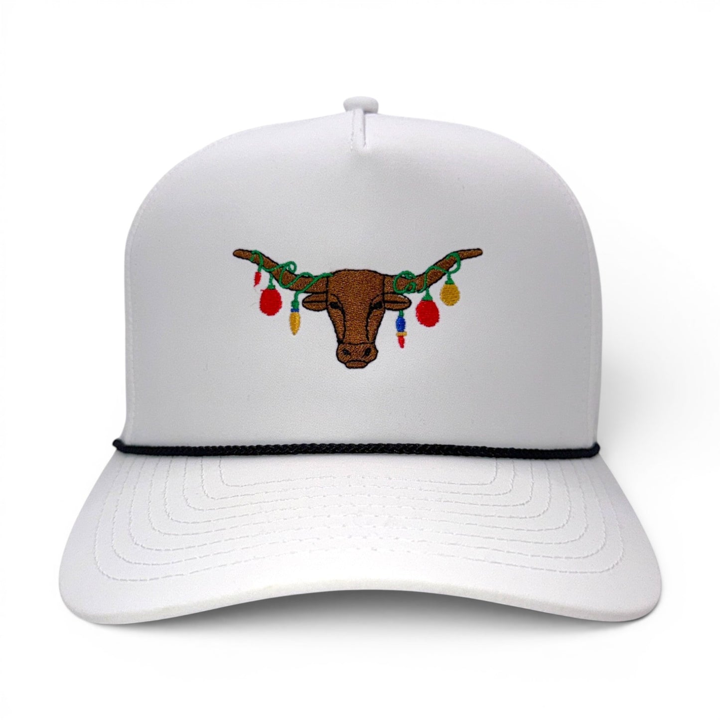 The Texas Mantel - White trucker hat with embroidered Texas Longhorn wearing colorful Christmas lights - front view