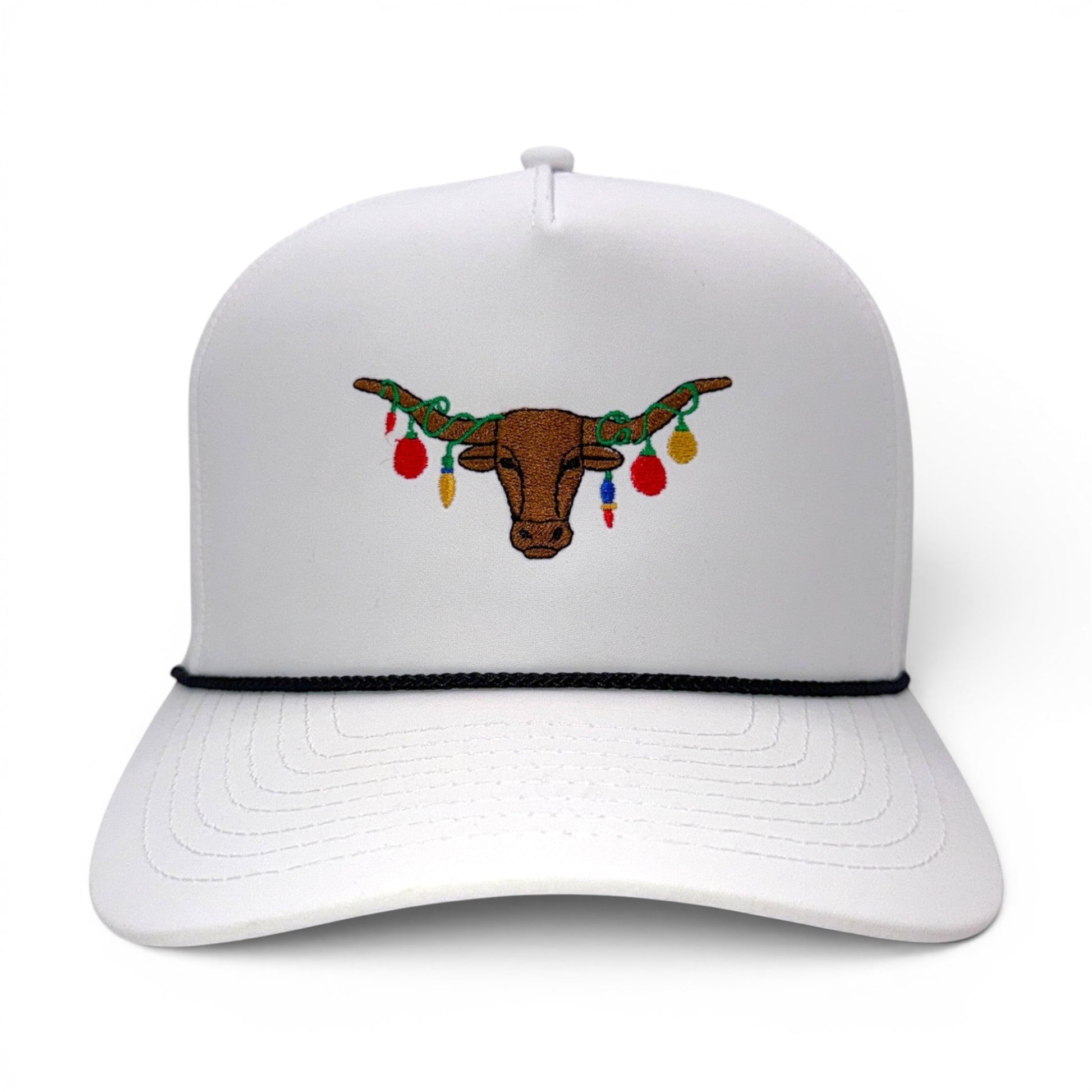 The Texas Mantel - White trucker hat with embroidered Texas Longhorn wearing colorful Christmas lights - front view