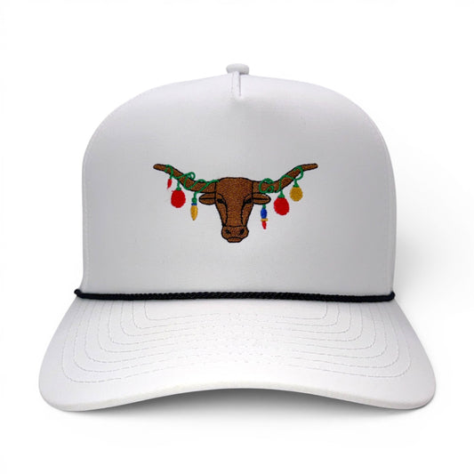 The Texas Mantel - White trucker hat with embroidered Texas Longhorn wearing colorful Christmas lights - front view