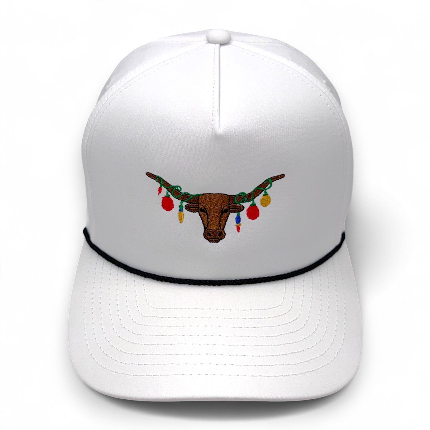 The Texas Mantel - Texas Longhorn Christmas lights trucker hat - white performance fabric with black rope trim - front angle