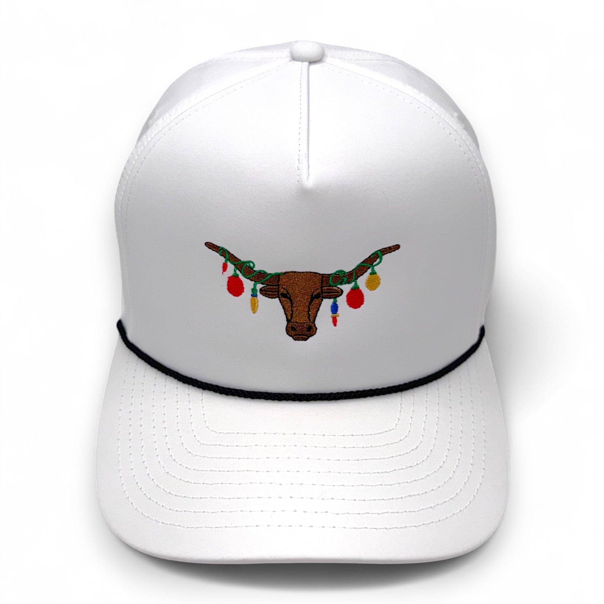 The Texas Mantel - Texas Longhorn Christmas lights trucker hat - white performance fabric with black rope trim - front angle