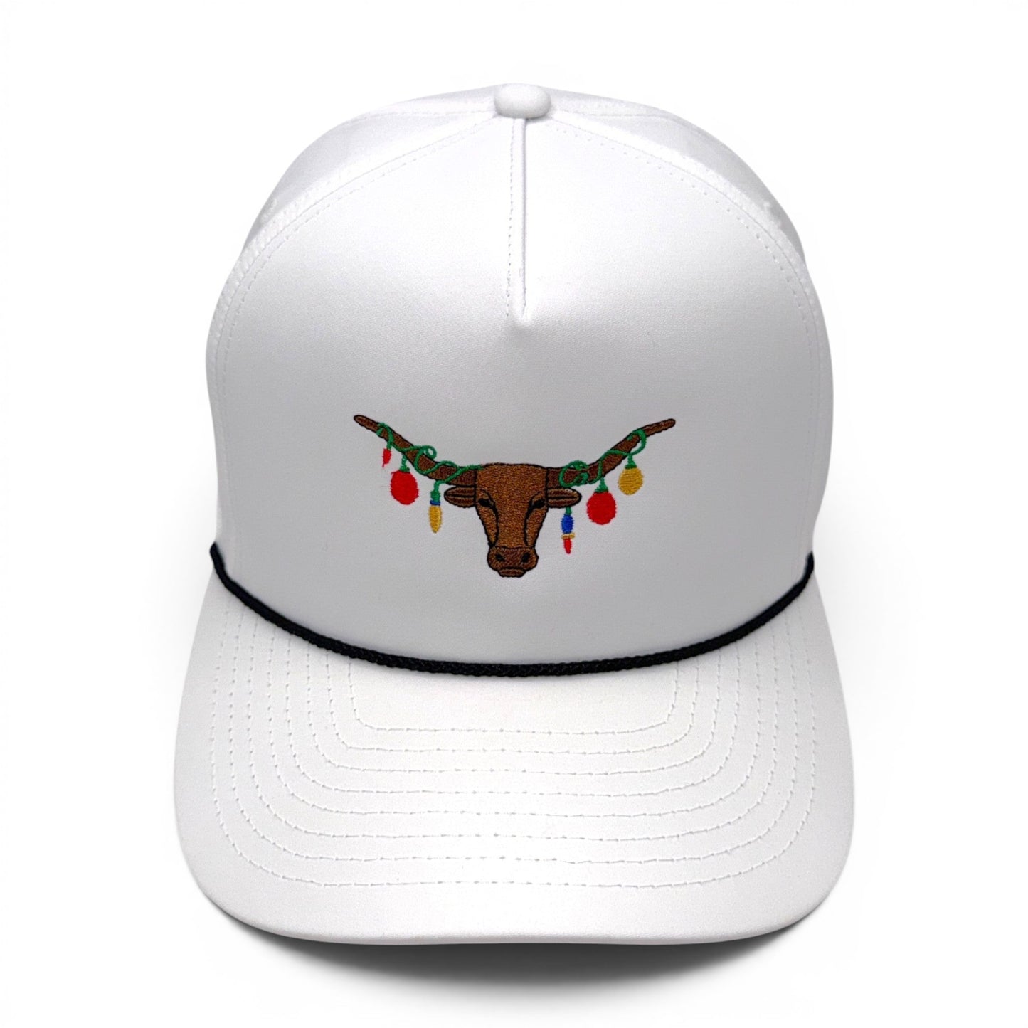 The Texas Mantel - Texas Longhorn Christmas lights trucker hat - white performance fabric with black rope trim - front angle
