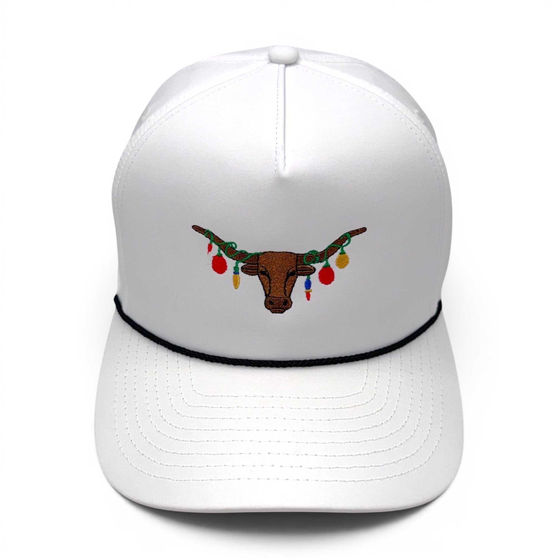The Texas Mantel - Texas Longhorn Christmas lights trucker hat - white performance fabric with black rope trim - front angle