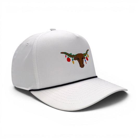 The Texas Mantel - Holiday trucker cap featuring longhorn with festive lights embroidery - white and black rope detail - side view