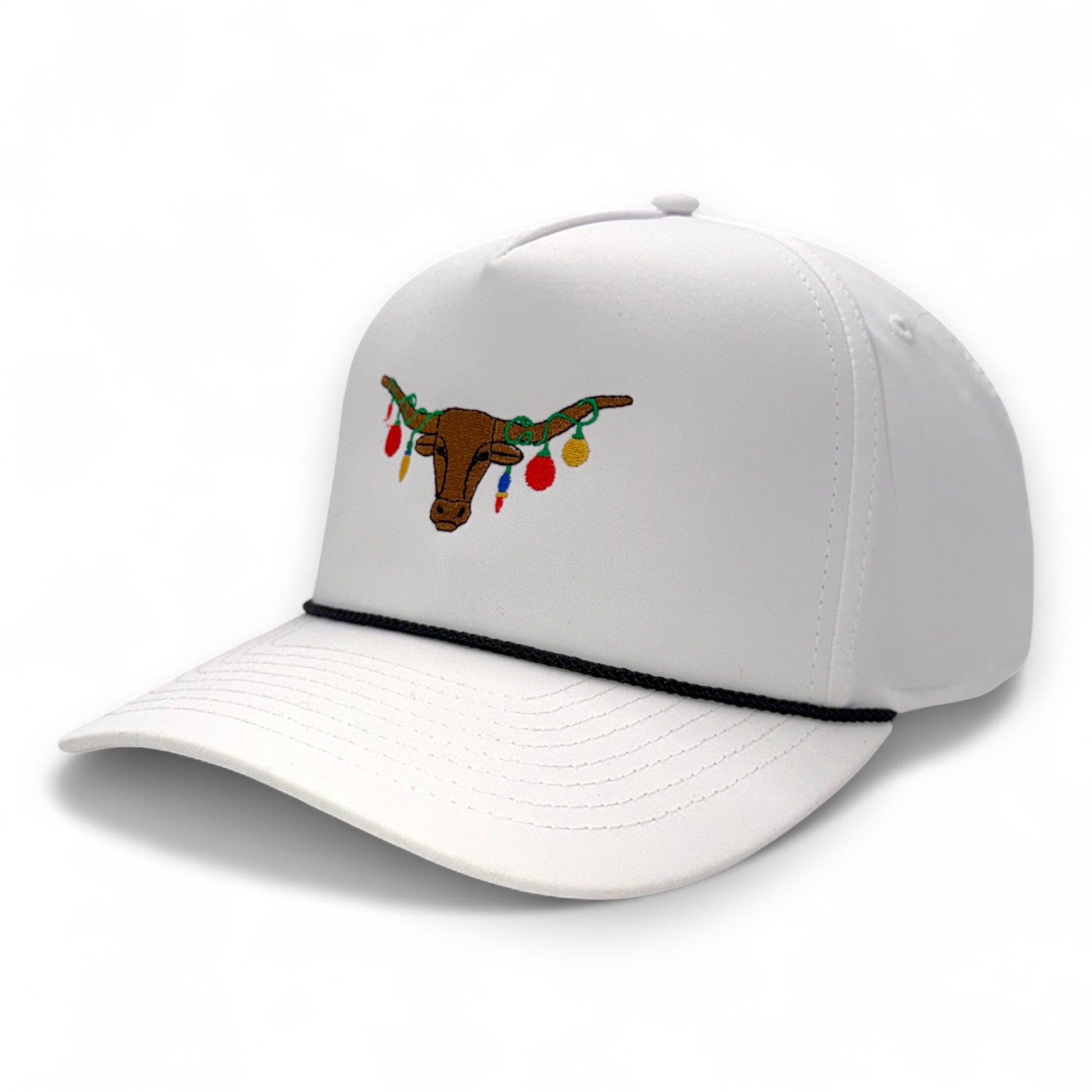 The Texas Mantel -  White rope hat with Texas Longhorn Christmas lights design - premium embroidered holiday trucker cap