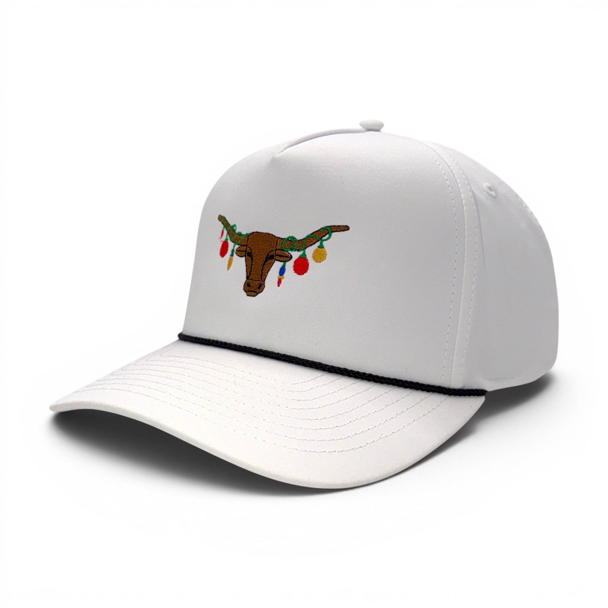 The Texas Mantel -  White rope hat with Texas Longhorn Christmas lights design - premium embroidered holiday trucker cap