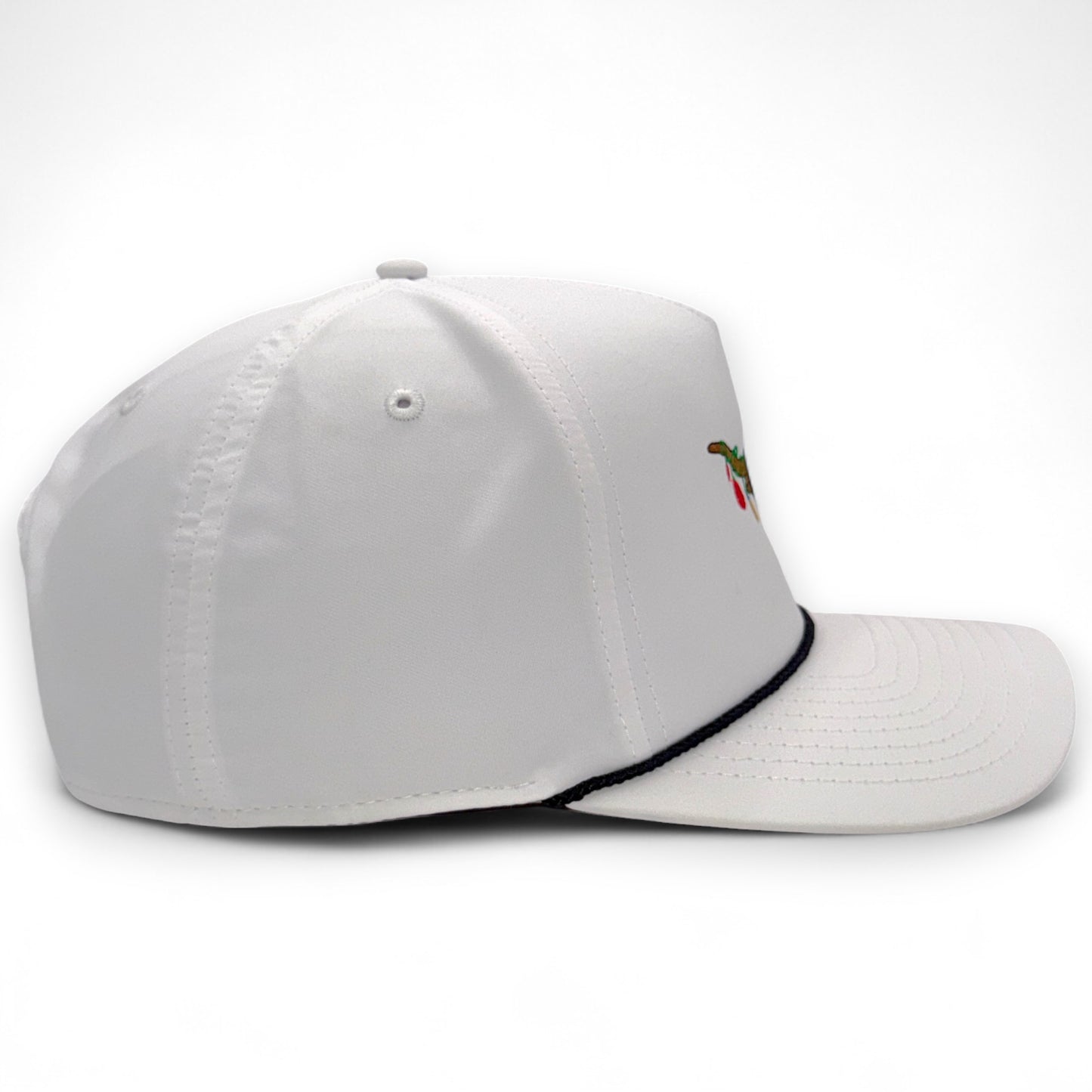 The Texas Mantel - Texas holiday trucker hat side profile - white performance hat with rope trim and embroidered longhorn