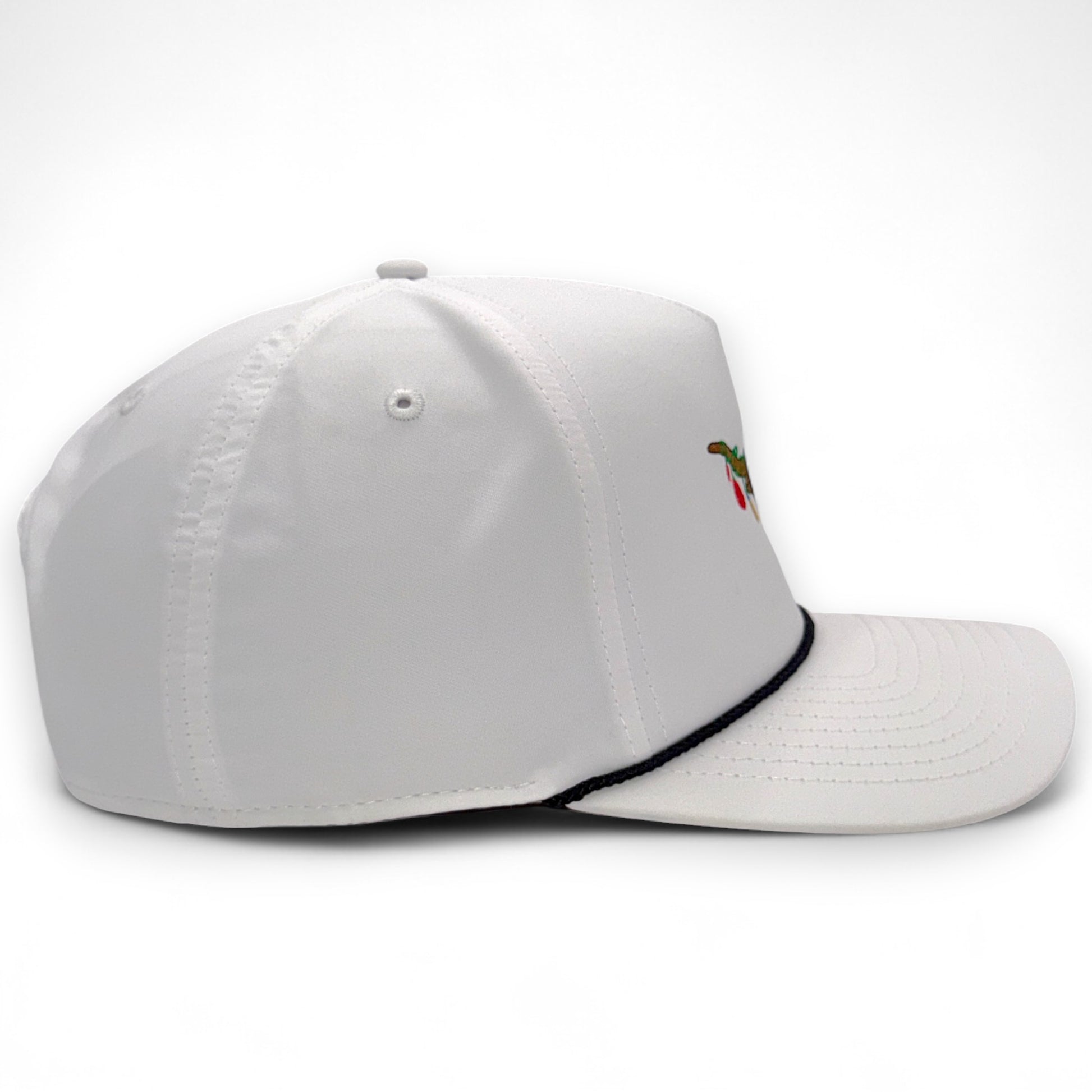 The Texas Mantel - Texas holiday trucker hat side profile - white performance hat with rope trim and embroidered longhorn
