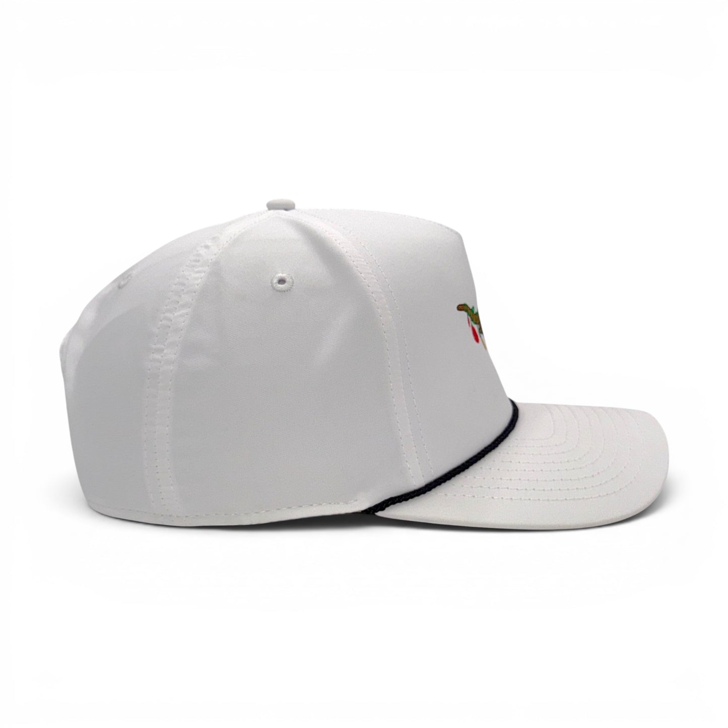 The Texas Mantel - Texas holiday trucker hat side profile - white performance hat with rope trim and embroidered longhorn