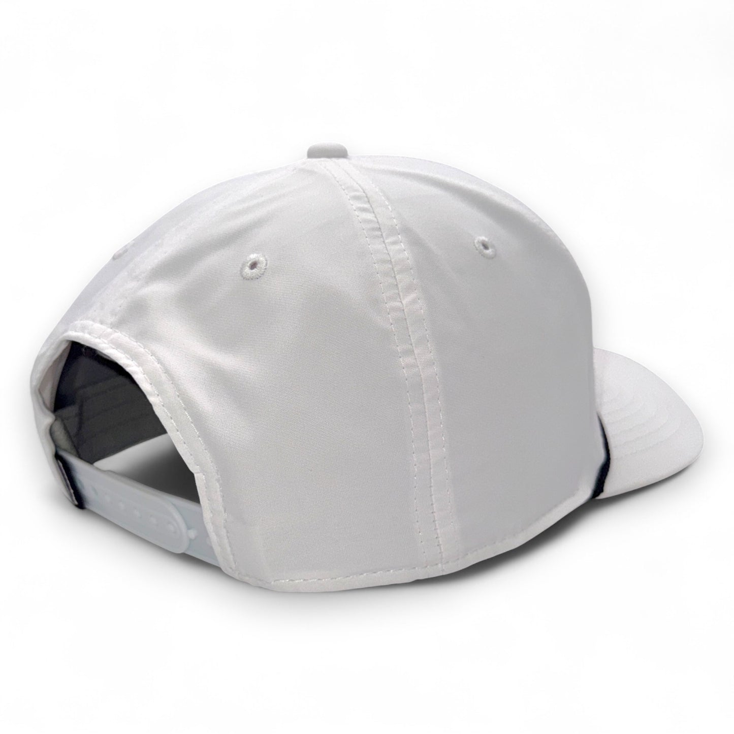 The Texas Mantel - Back view of white performance trucker hat with adjustable snapback closure - Texas Longhorn Christmas design