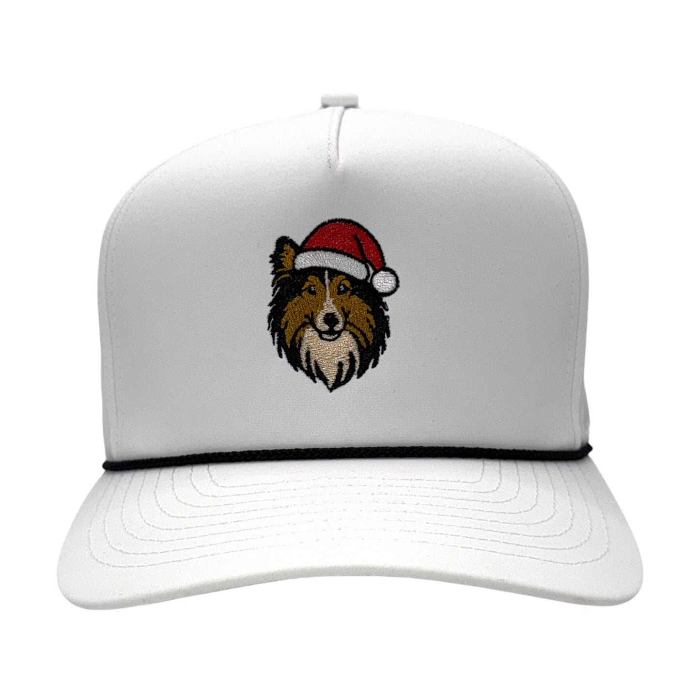 White performance roper hat with embroidered Sheltie wearing a Santa hat – front view