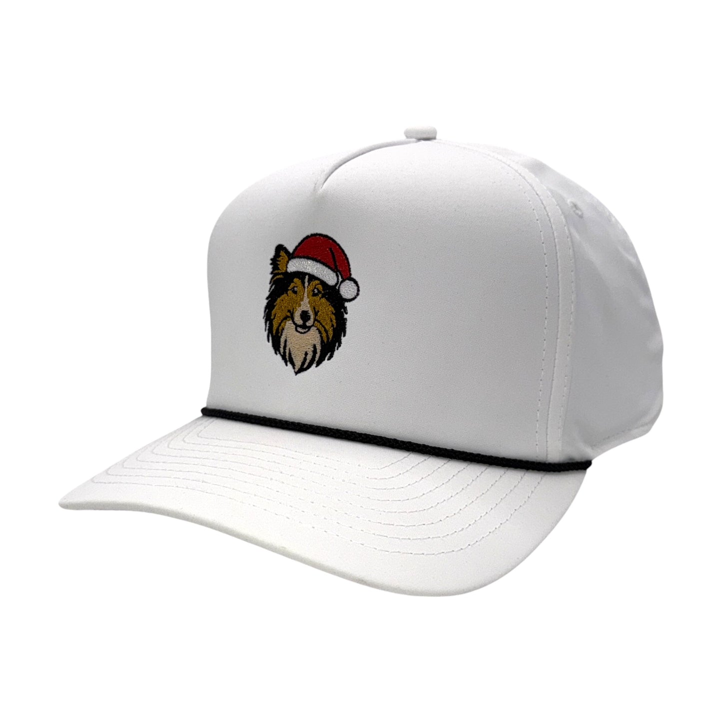 Embroidered Sheltie dog with Santa hat on white roper cap