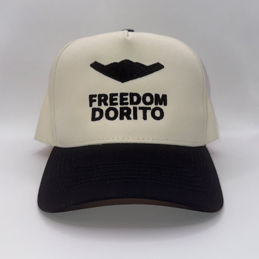 Cream and black snapback hat with embroidered B2 bomber silhouette and text ‘Freedom Dorito’
