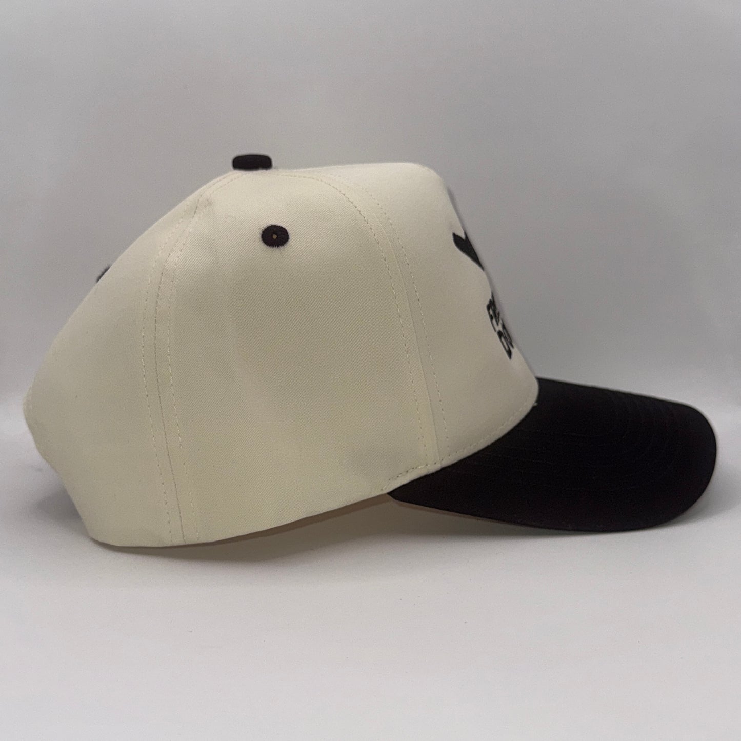 Cream and black snapback hat with embroidered B2 bomber silhouette and text ‘Freedom Dorito’