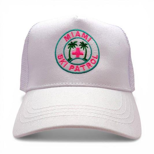 Miami Ski Patrol Trucker Hat – front view – Mad Capper embroidered hat