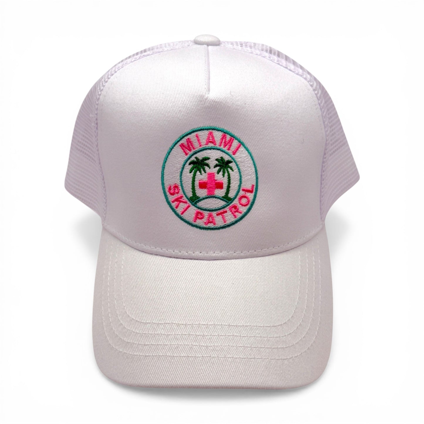 Miami Ski Patrol Trucker Hat – angled right view – Mad Capper embroidered hat