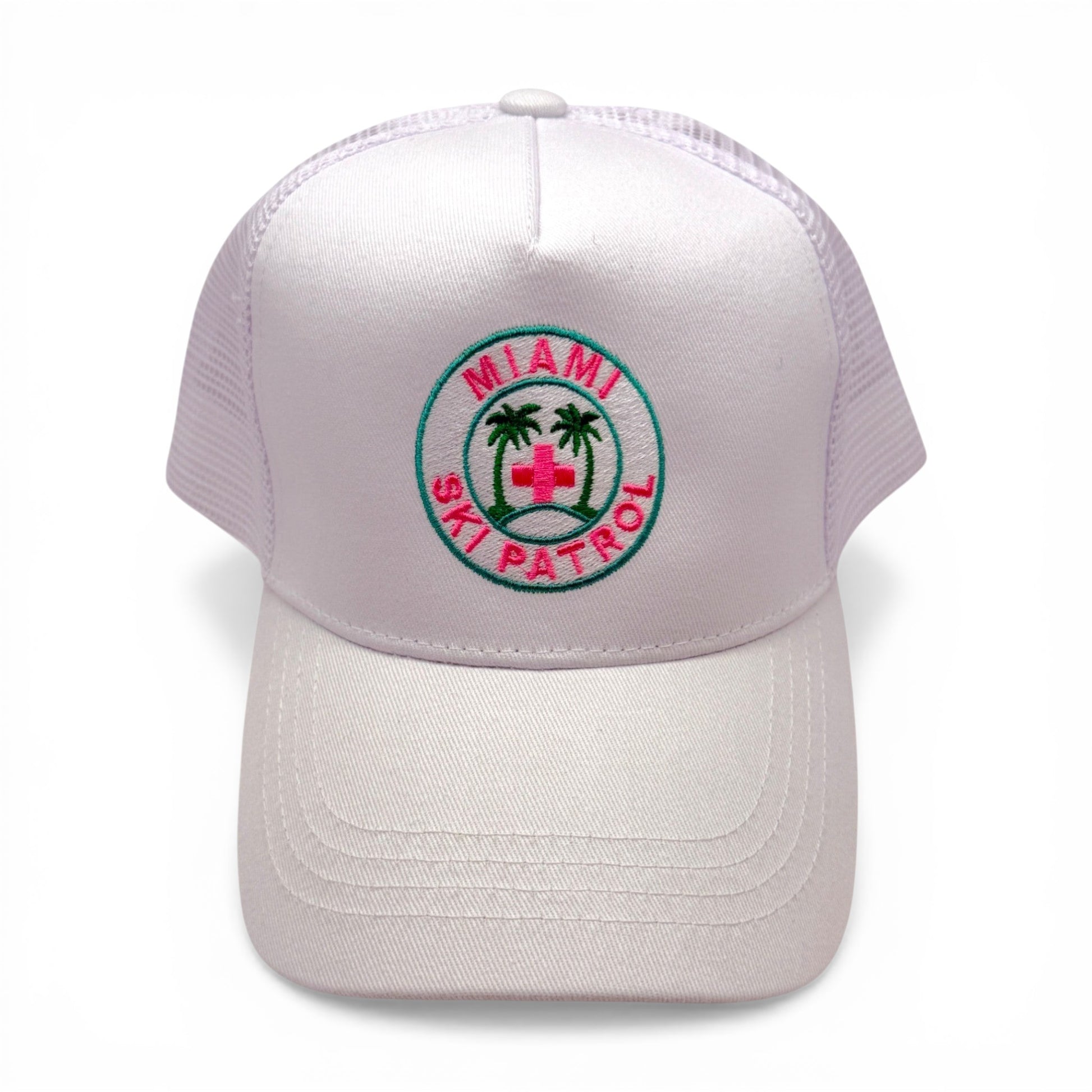 Miami Ski Patrol Trucker Hat – angled right view – Mad Capper embroidered hat