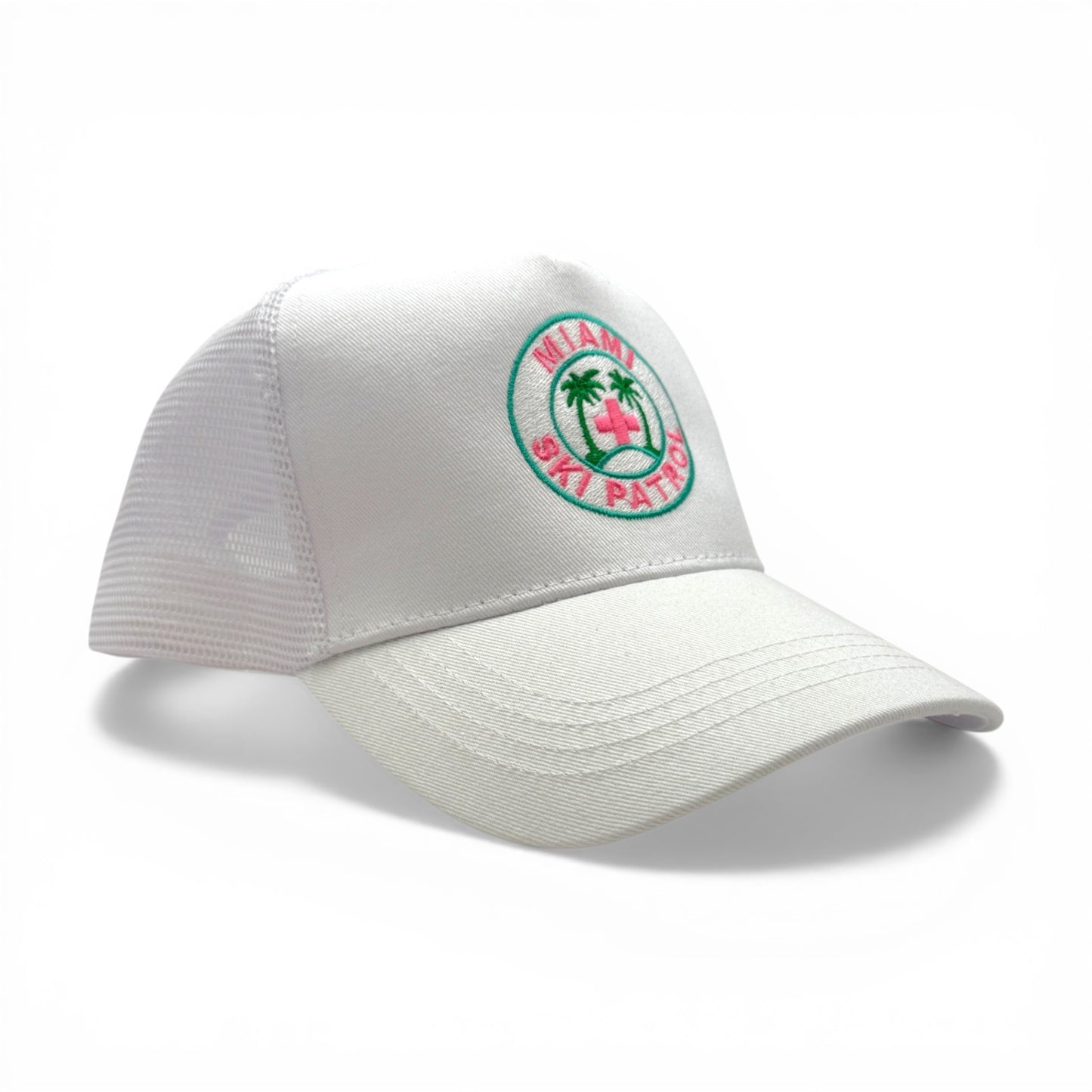 Miami Ski Patrol Trucker Hat – angled left view – Mad Capper embroidered hat