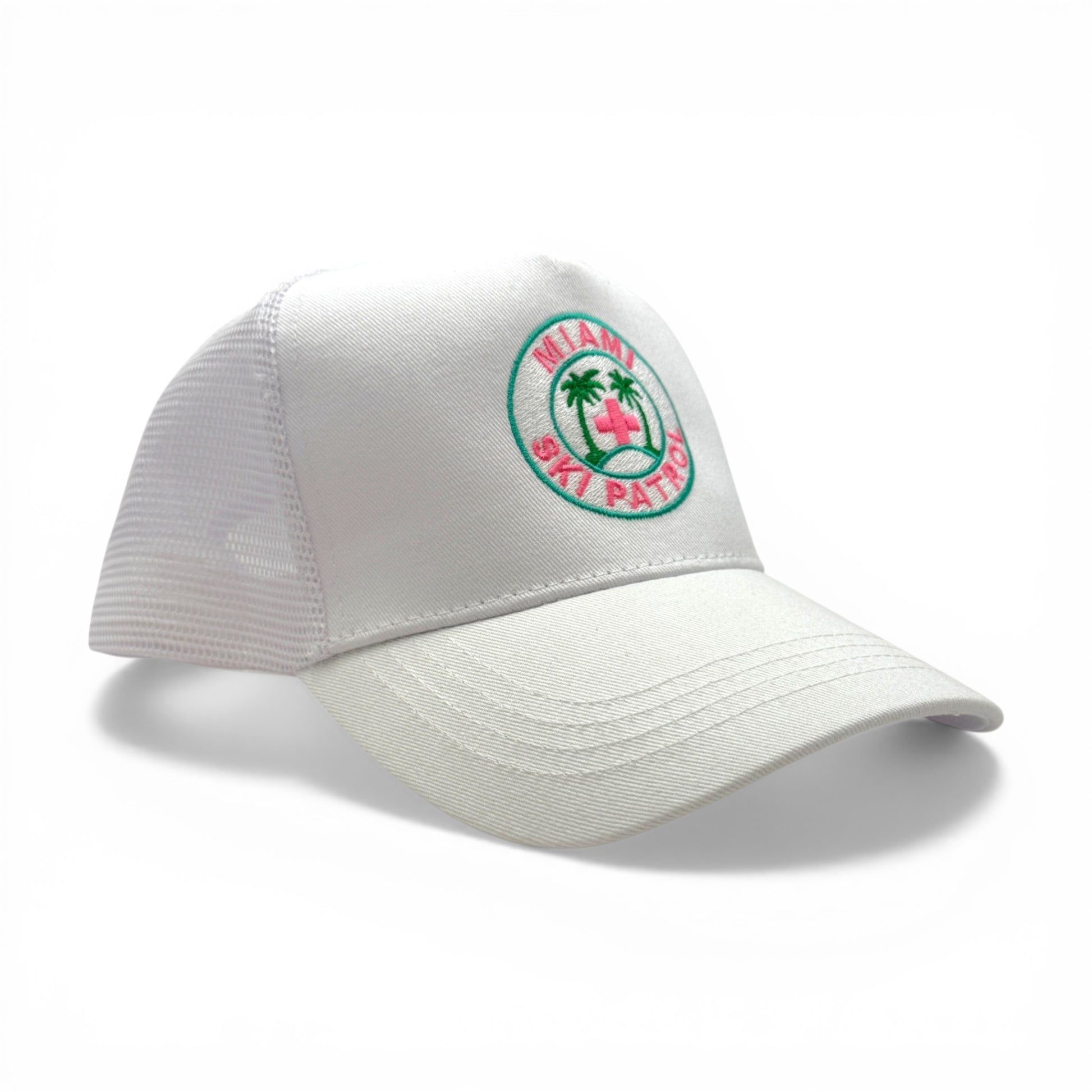 Miami Ski Patrol Trucker Hat – angled left view – Mad Capper embroidered hat