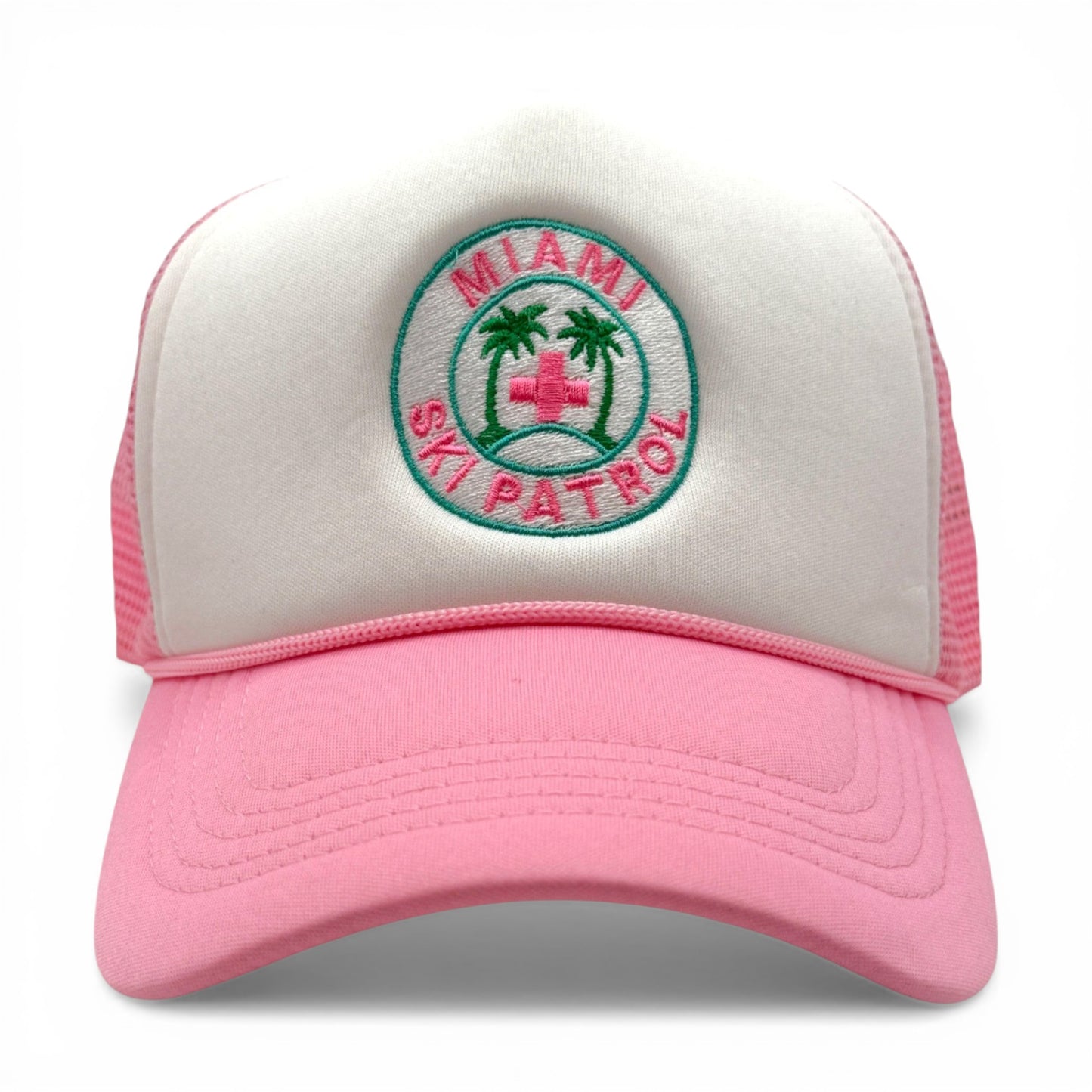 Miami Ski Patrol Trucker Hat – detail view – Mad Capper embroidered hat