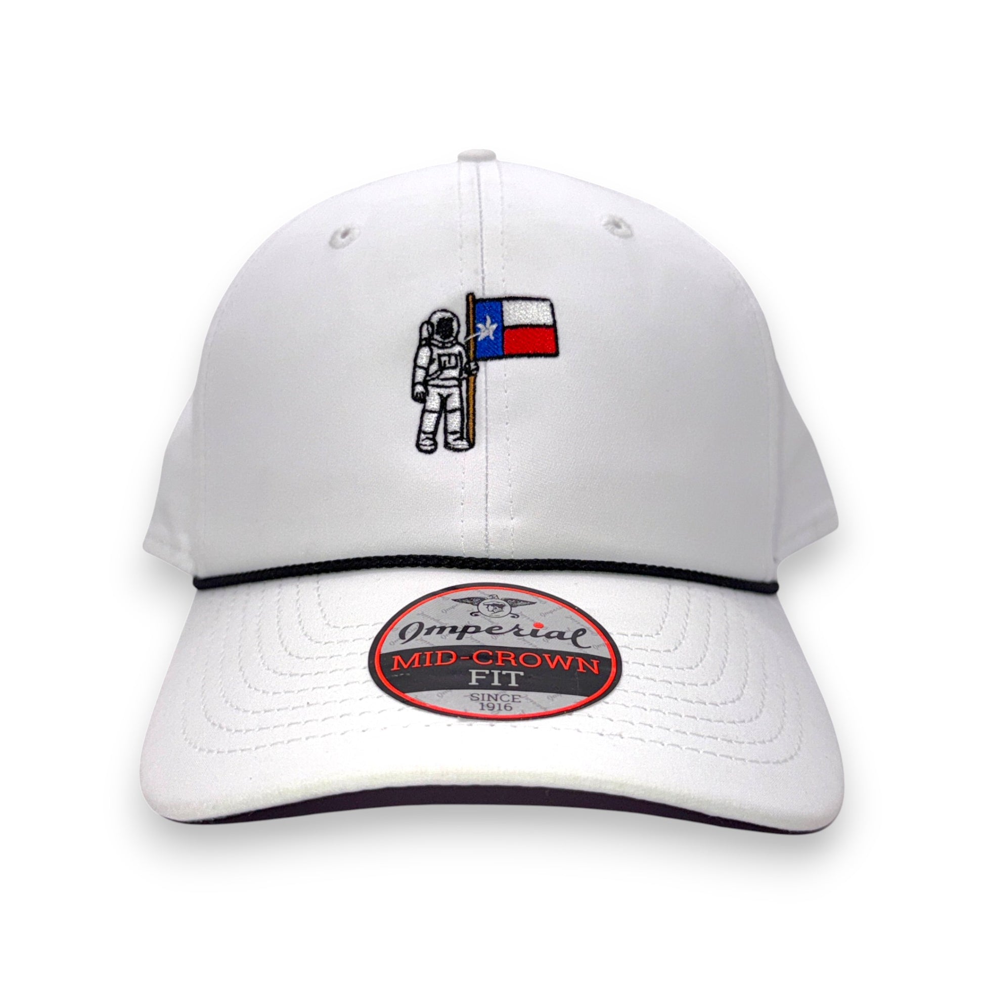 White Lone Star Astronaut rope hat - angled front view showing astronaut Texas flag design