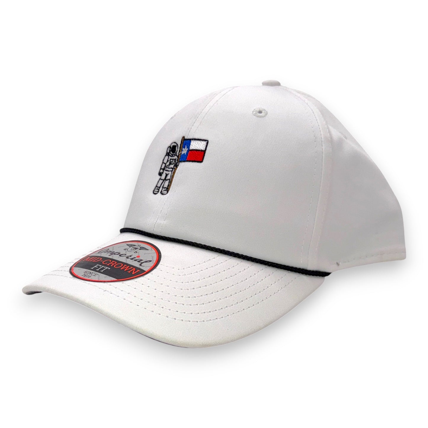 Texas Astronaut rope cap in white - perspective view showing crown shape and embroidered logo