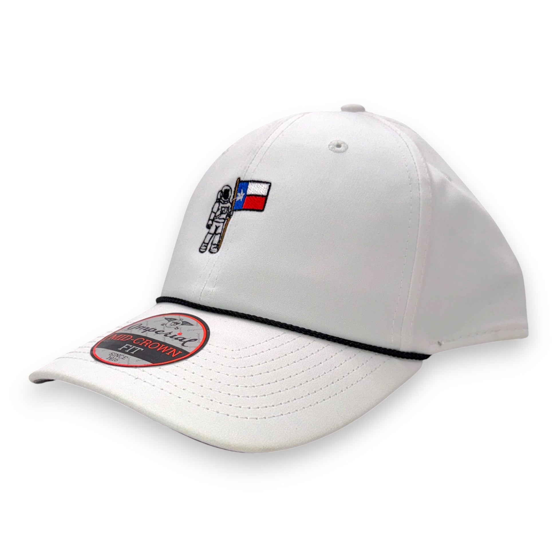 Texas Astronaut rope cap in white - perspective view showing crown shape and embroidered logo