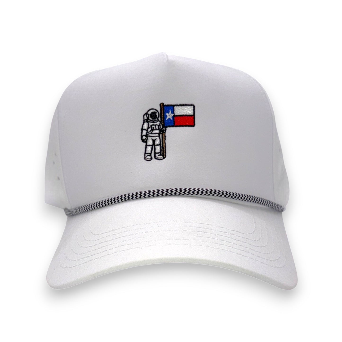 Texas Astronaut rope hat in white - front view displaying Lone Star flag and astronaut patch embroidery